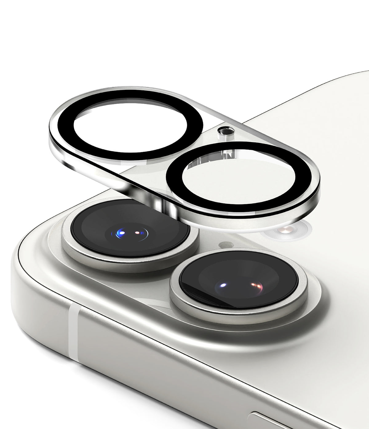 iPhone 17 | Camera Glass - iPhone 17 | Protective glass cover hovering above the dual-lens camera module of a white smartphone.