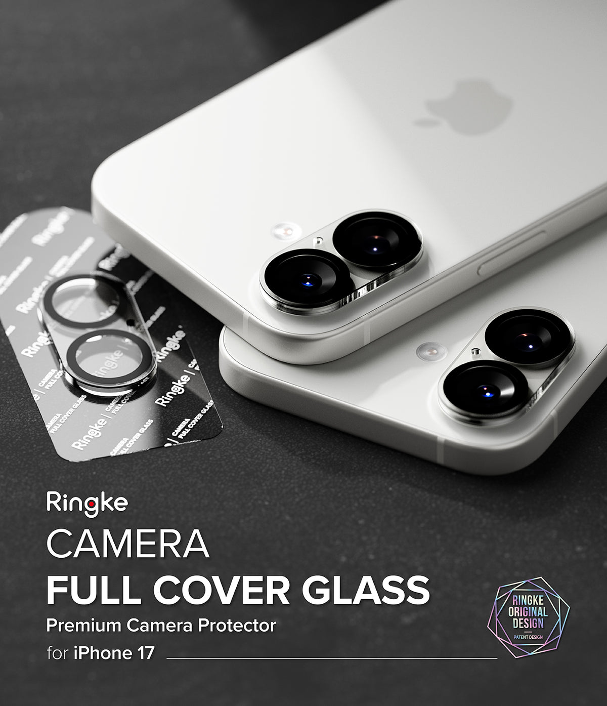 iPhone 17 | Camera Glass - Two white iPhones with Ringke camera lens protectors installed, next to a spare glass set.