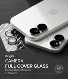 iPhone 17 | Camera Glass - Two white iPhones with Ringke camera lens protectors installed, next to a spare glass set.