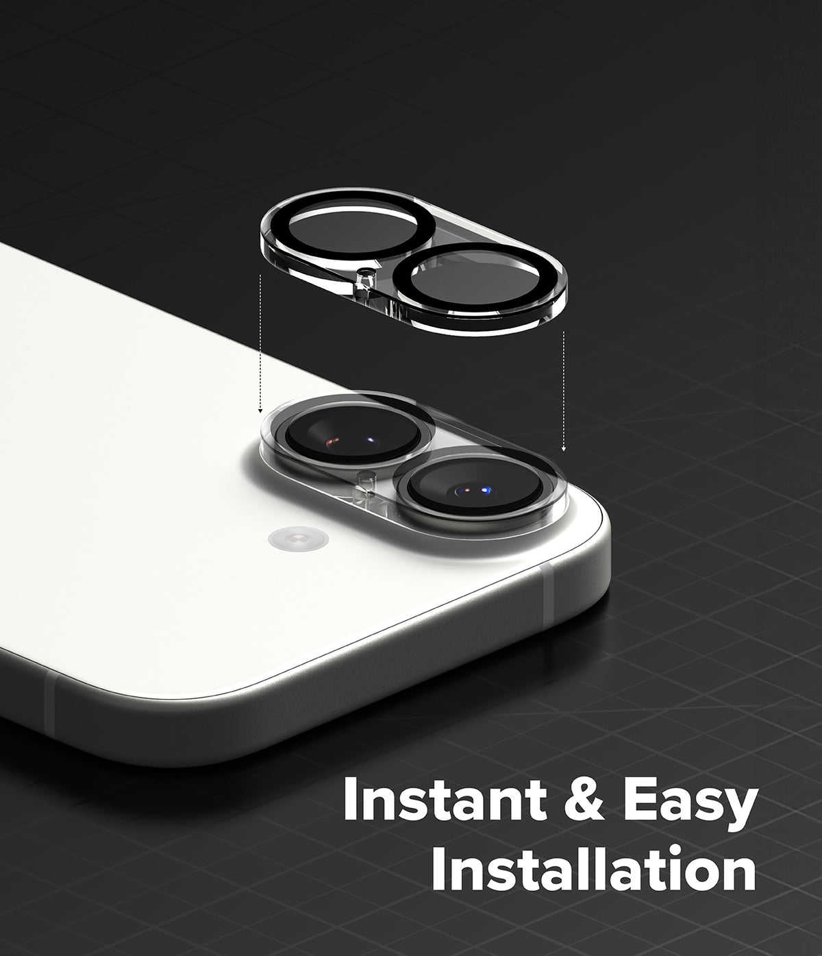 iPhone 17 | Camera Glass - Protective lens cover hovering above an iPhone camera module, illustrating easy installation.