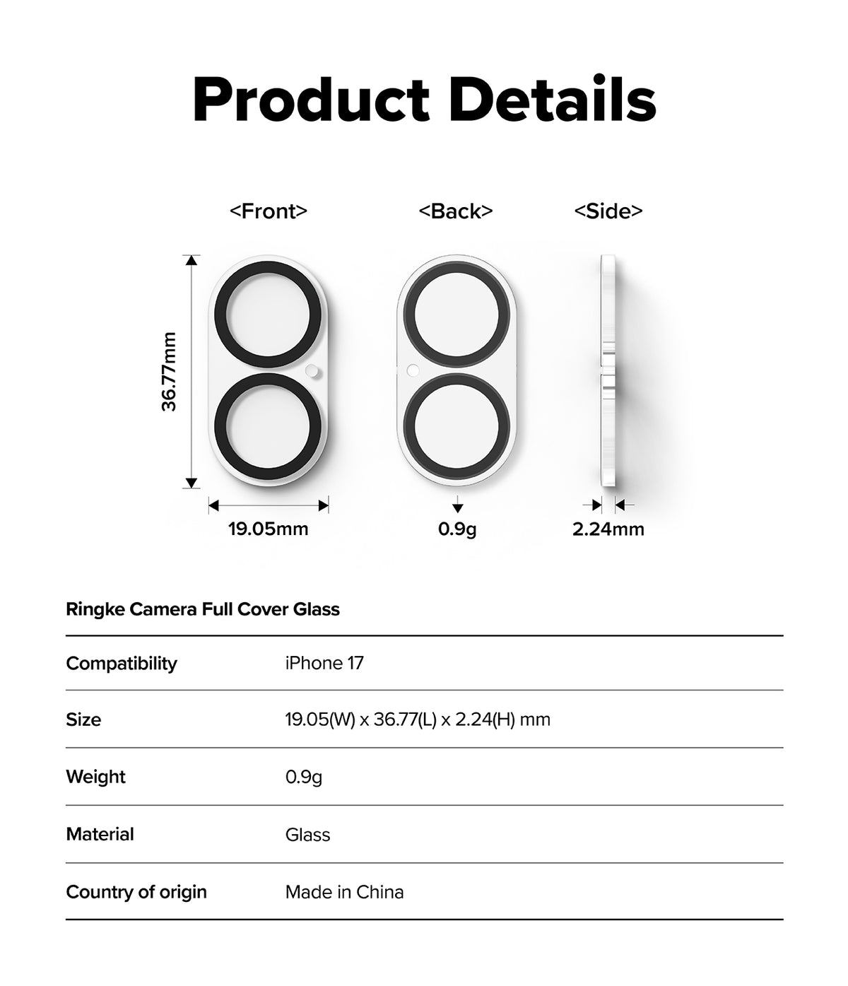 iPhone 17 | Camera Glass - Technical diagram showing front, back, and side views of camera lens protector with dimensions.