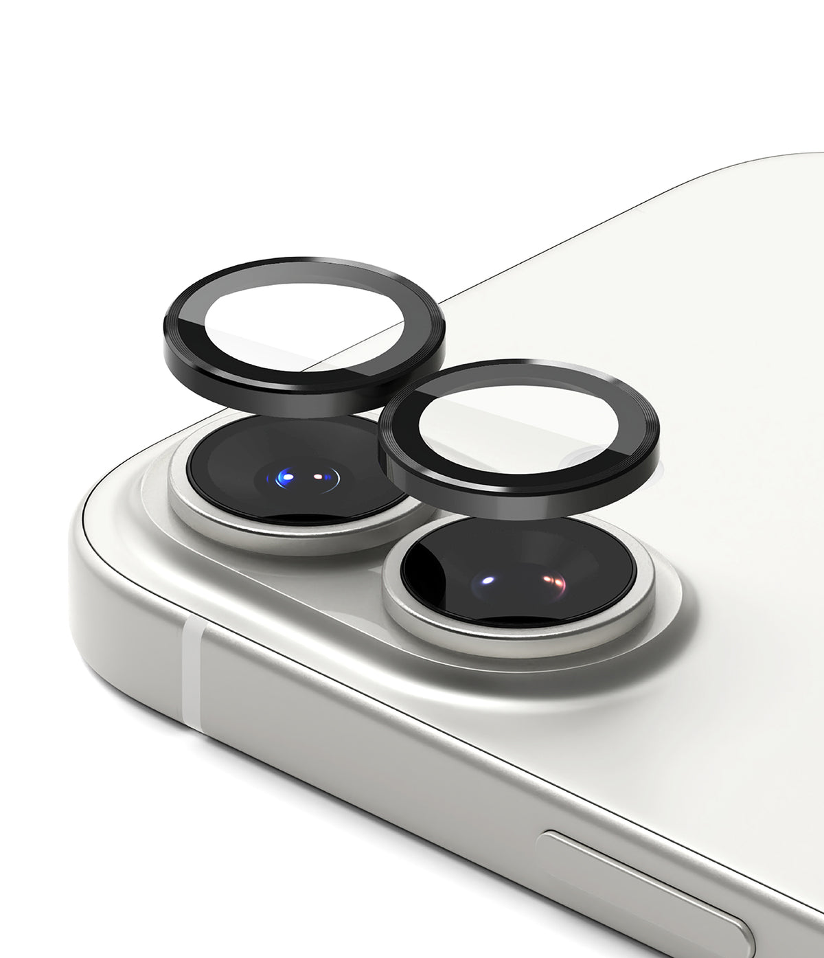 iPhone 17 | Camera Lens Frame Glass - iPhone 17 - Two black protective glass lens covers hovering above the dual camera lenses of a white smartphone.