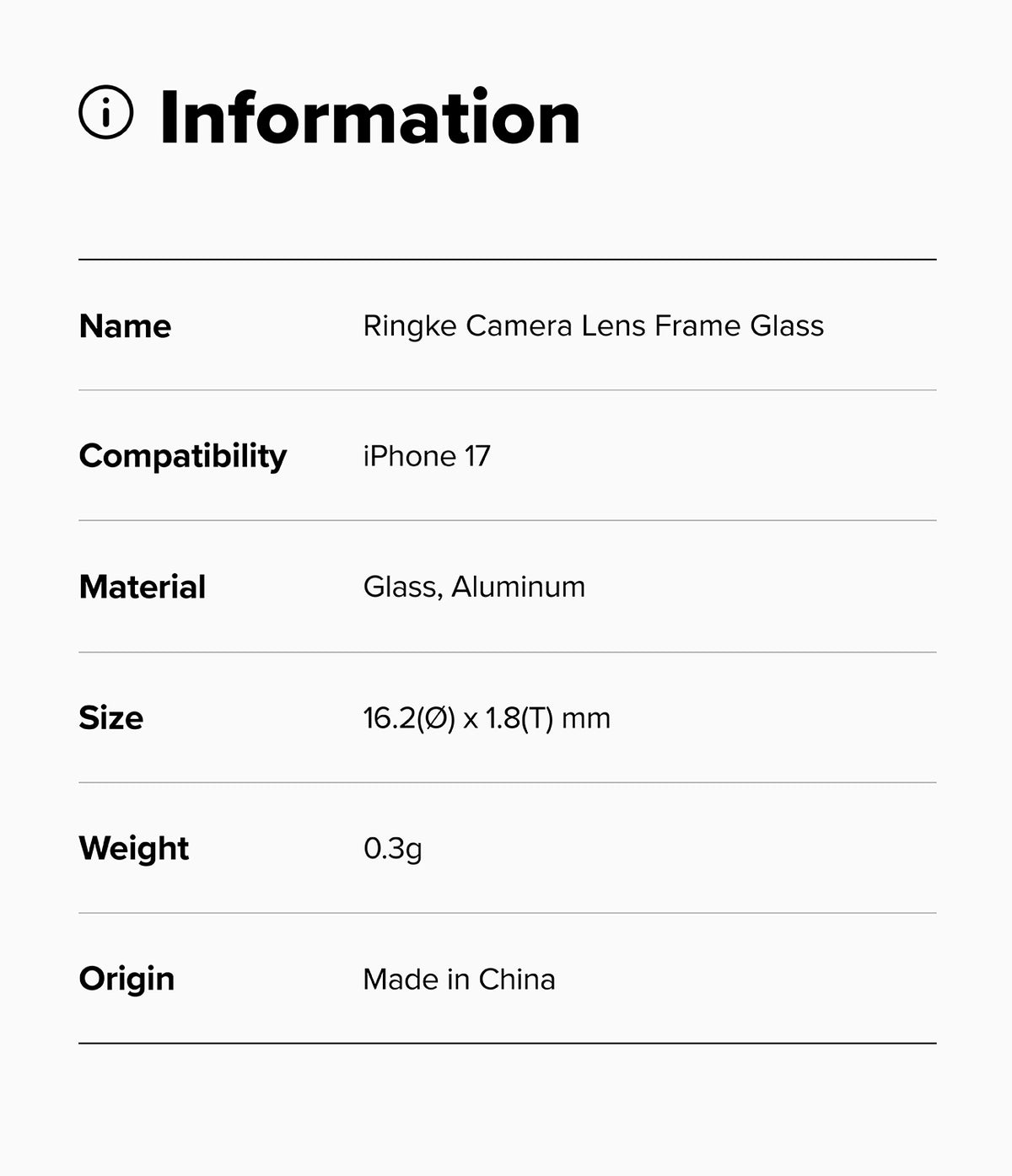 iPhone 17 | Camera Lens Frame Glass - Information table listing product name, compatibility, material, size, weight, and origin.