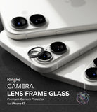[Bundle] iPhone 17 | Fusion Magnetic - Black camera lens frame protectors being applied to white iPhone 17 camera lenses.