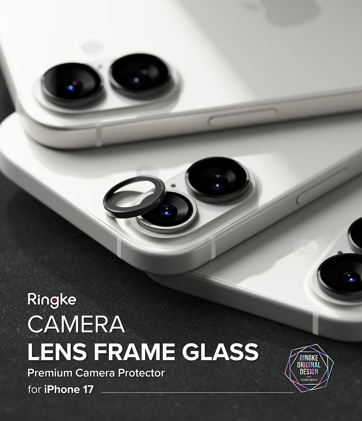 [Bundle] iPhone 17 | Silicone Magnetic - Black camera lens frame protectors being applied to white iPhone 17 lenses.