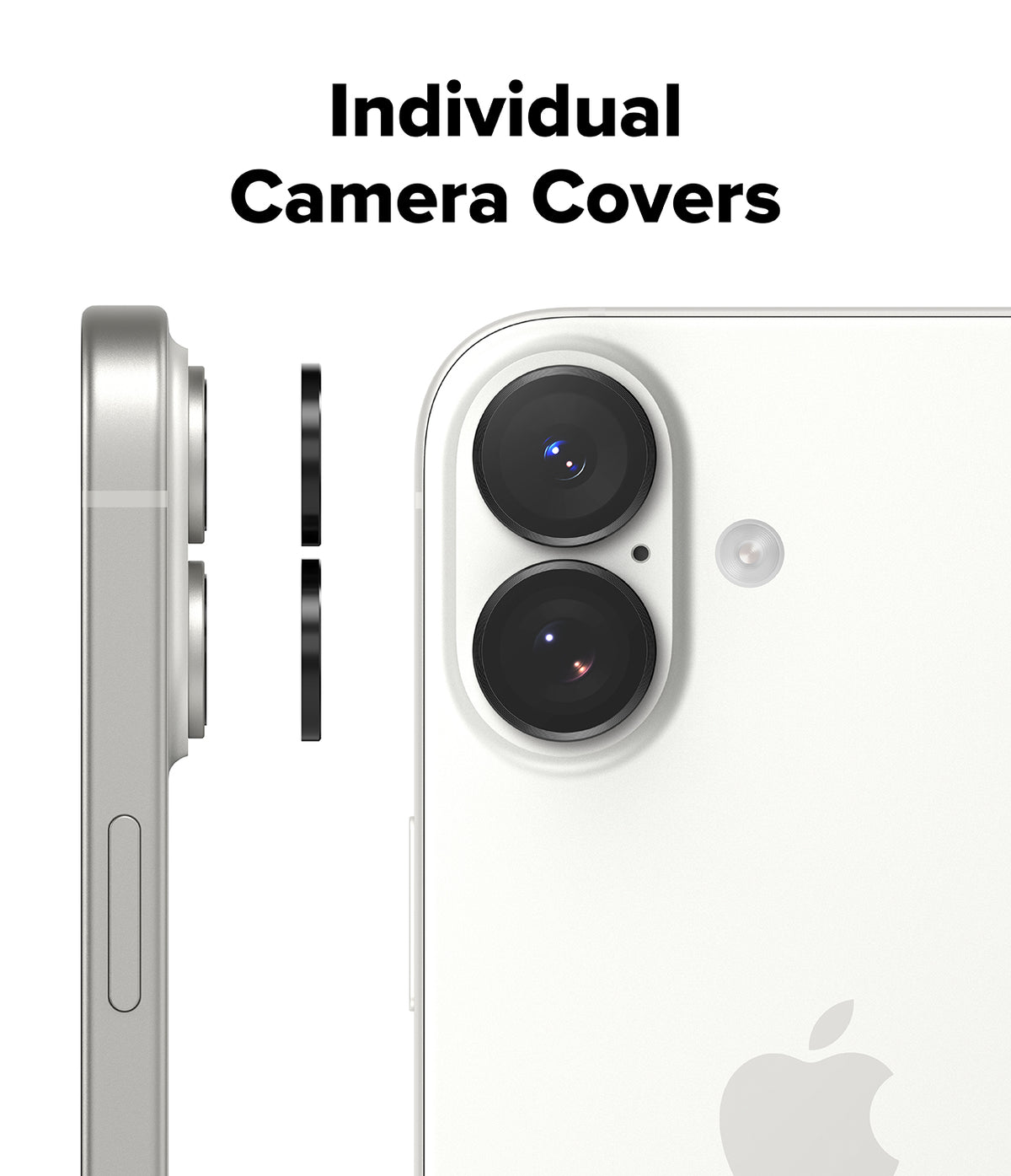 iPhone 17 | Camera Lens Frame Glass - iPhone 17 | Two individual black camera lens covers floating next to the dual-lens array of a white iPhone.