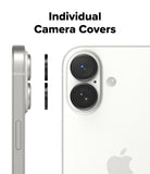 iPhone 17 | Camera Lens Frame Glass - iPhone 17 | Two individual black camera lens covers floating next to the dual-lens array of a white iPhone.