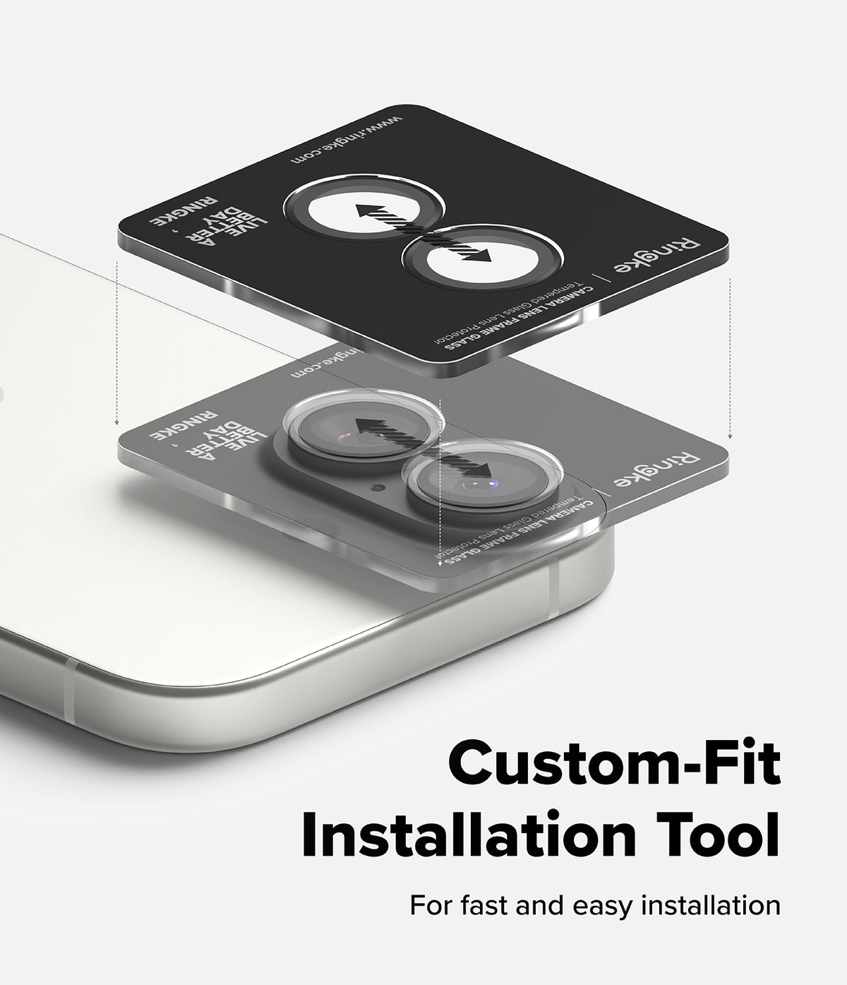 [Bundle] iPhone 17 | Onyx Magnetic - Installation tool aligning tempered glass lens protectors onto iPhone camera.