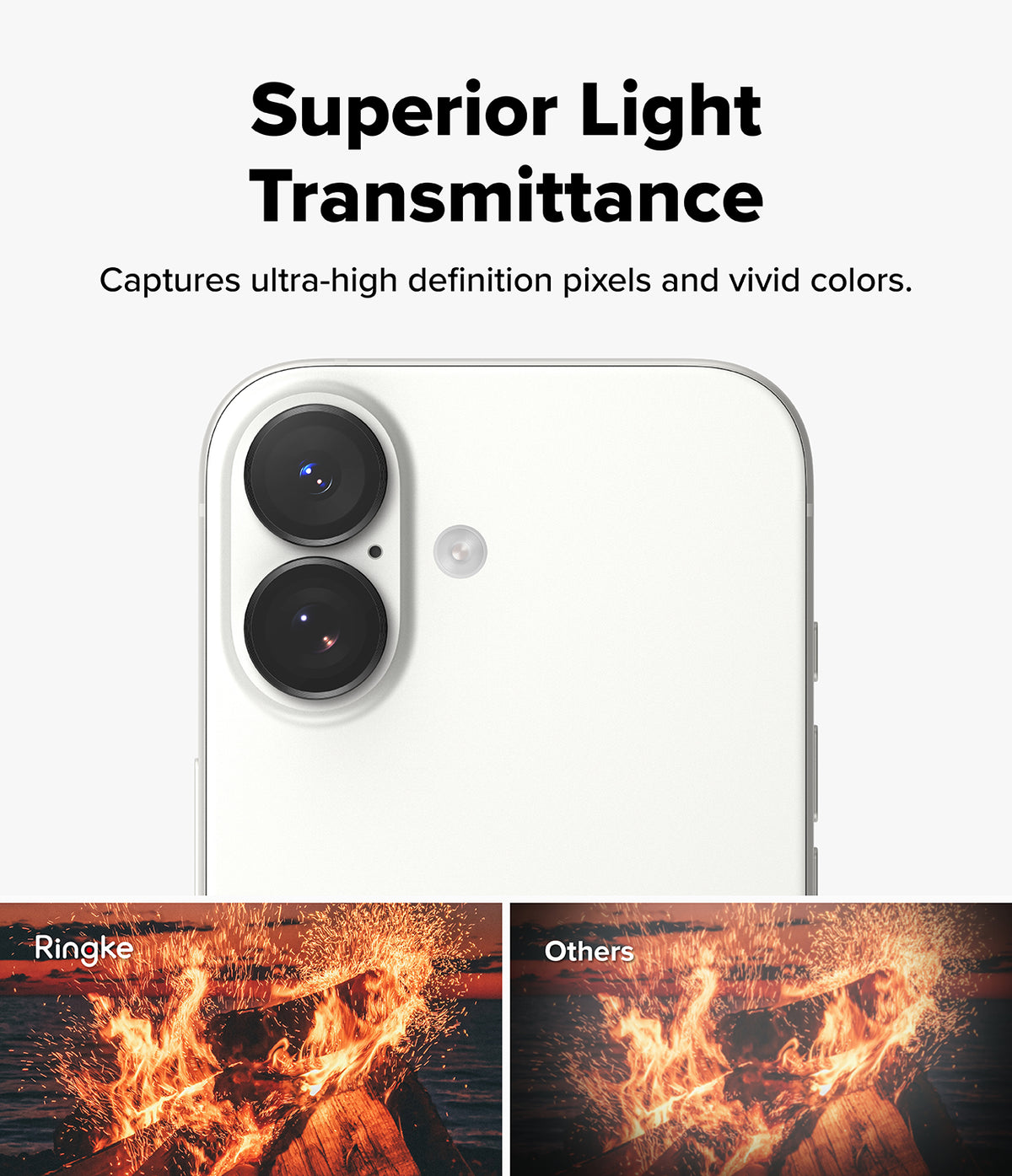iPhone 17 | Camera Lens Frame Glass - Comparison showing clearer, more vibrant fire photo with Ringke lens glass.
