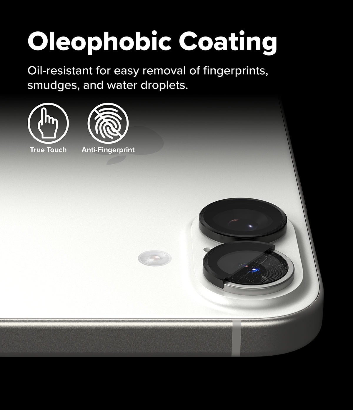 iPhone 17 | Camera Lens Frame Glass - iPhone 17 | Camera lens protector with oleophobic coating showing True Touch and Anti-Fingerprint icons on a phone back.