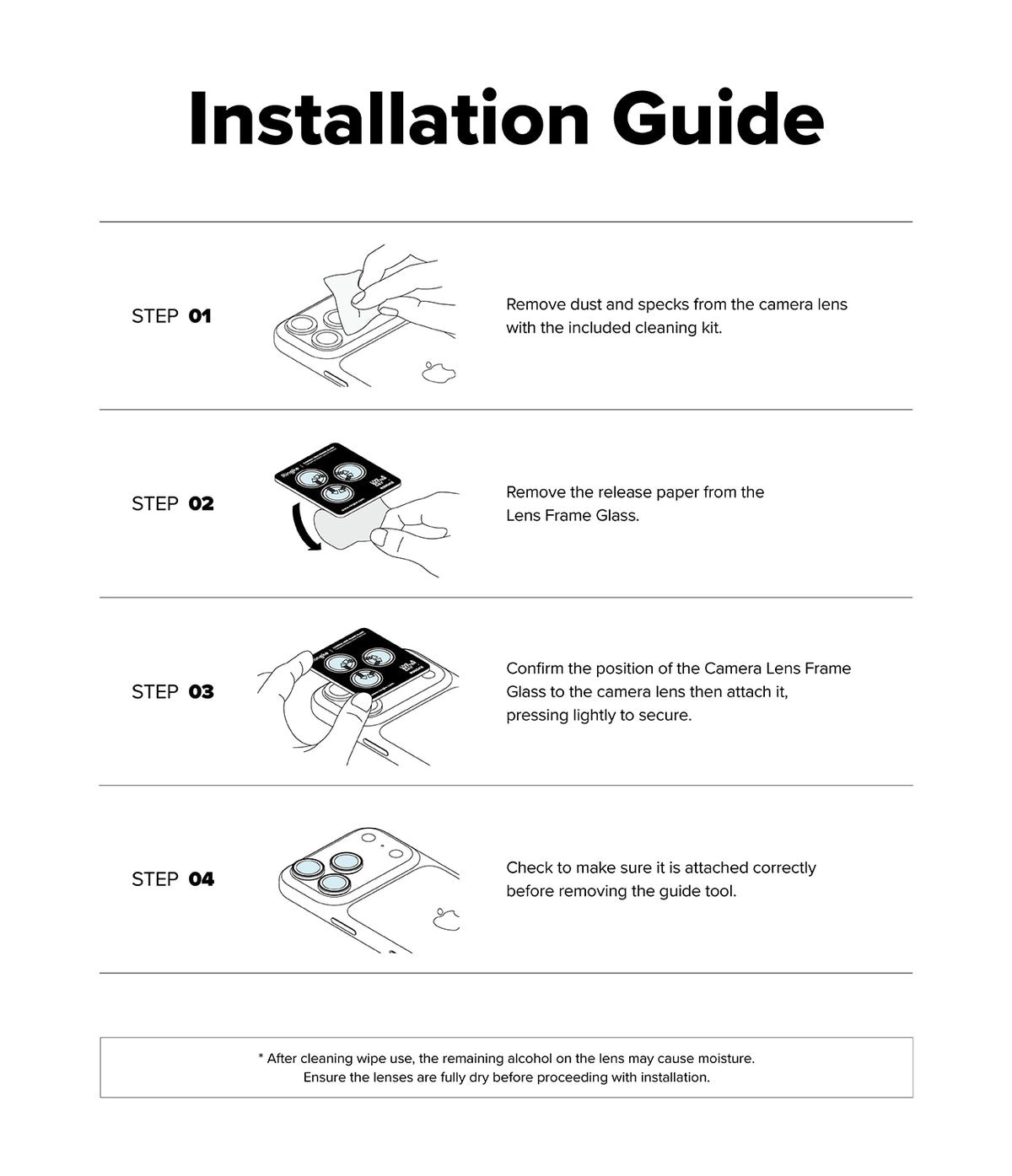 iPhone 17 | Camera Lens Frame Glass - iPhone 17 | Four-step illustrated guide for installing a camera lens frame glass protector on an iPhone.