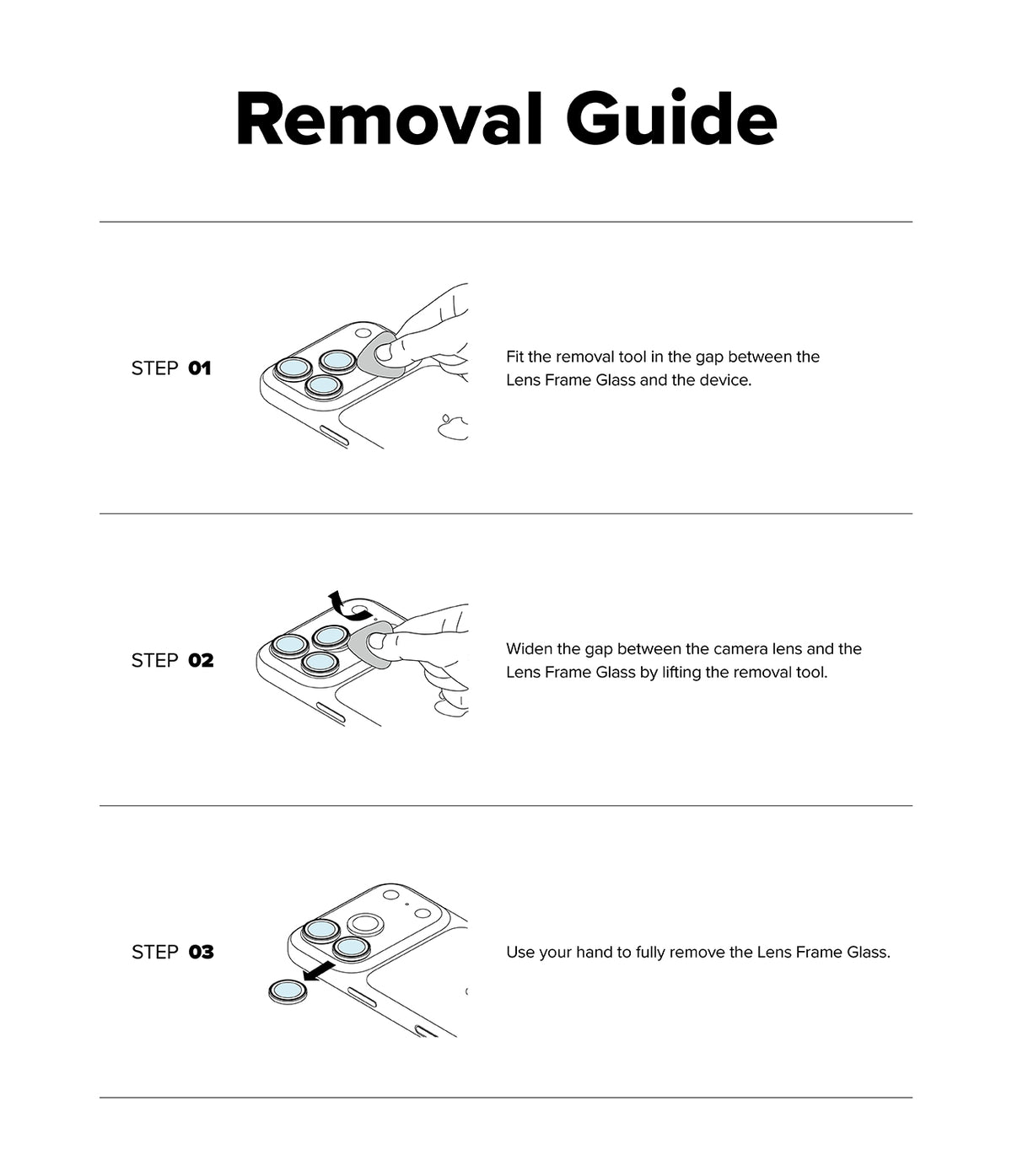 iPhone 17 | Camera Lens Frame Glass - Three-step illustrated guide showing how to use a tool to pry and remove the lens protector.