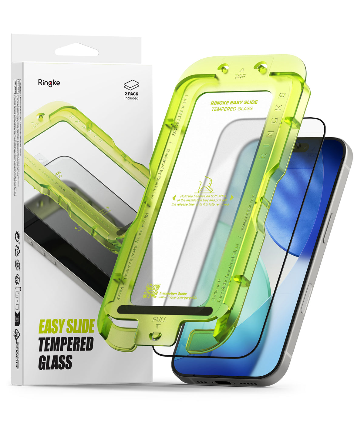 iPhone 17 Screen Protector | Easy Slide Tempered Glass - iPhone 17 Screen Protector - A lime green installation tray hovering over an iPhone with a tempered glass screen protector.