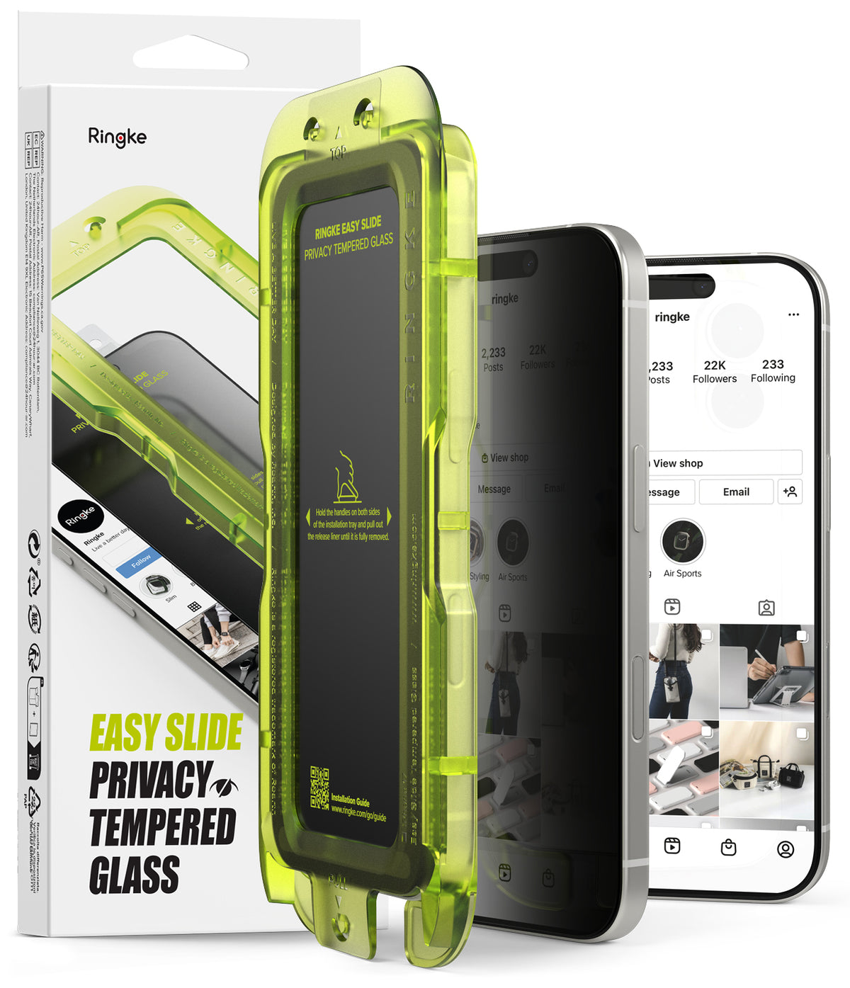 iPhone 17 Screen Protector | Easy Slide Privacy Tempered Glass - iPhone 17 Screen Protector - Bright green installation tray with privacy glass positioned next to an iPhone.