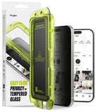 iPhone 17 Screen Protector | Easy Slide Privacy Tempered Glass - iPhone 17 Screen Protector - Bright green installation tray with privacy glass positioned next to an iPhone.
