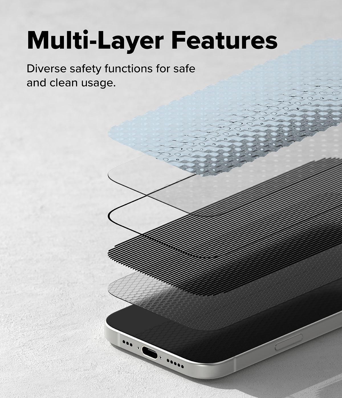 iPhone 17 Screen Protector | Easy Slide Privacy Tempered Glass - iPhone 17 Screen Protector - Exploded view showing multiple protective layers of tempered glass above an iPhone screen.