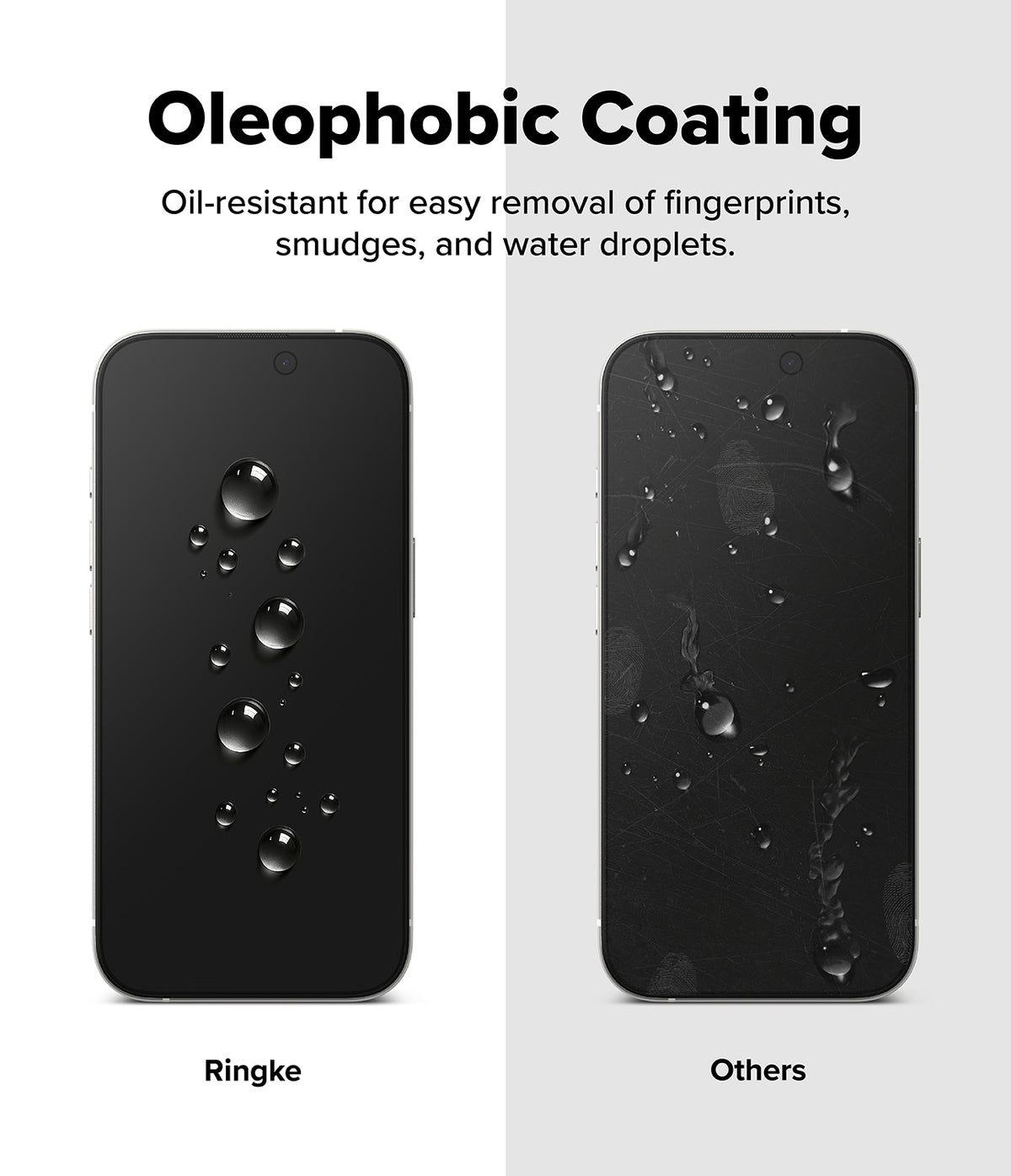iPhone 17 Screen Protector | Easy Slide Privacy Tempered Glass - iPhone 17 Screen Protector - Comparison showing Ringke's clean, water-beaded surface versus a smudged, messy competitor.