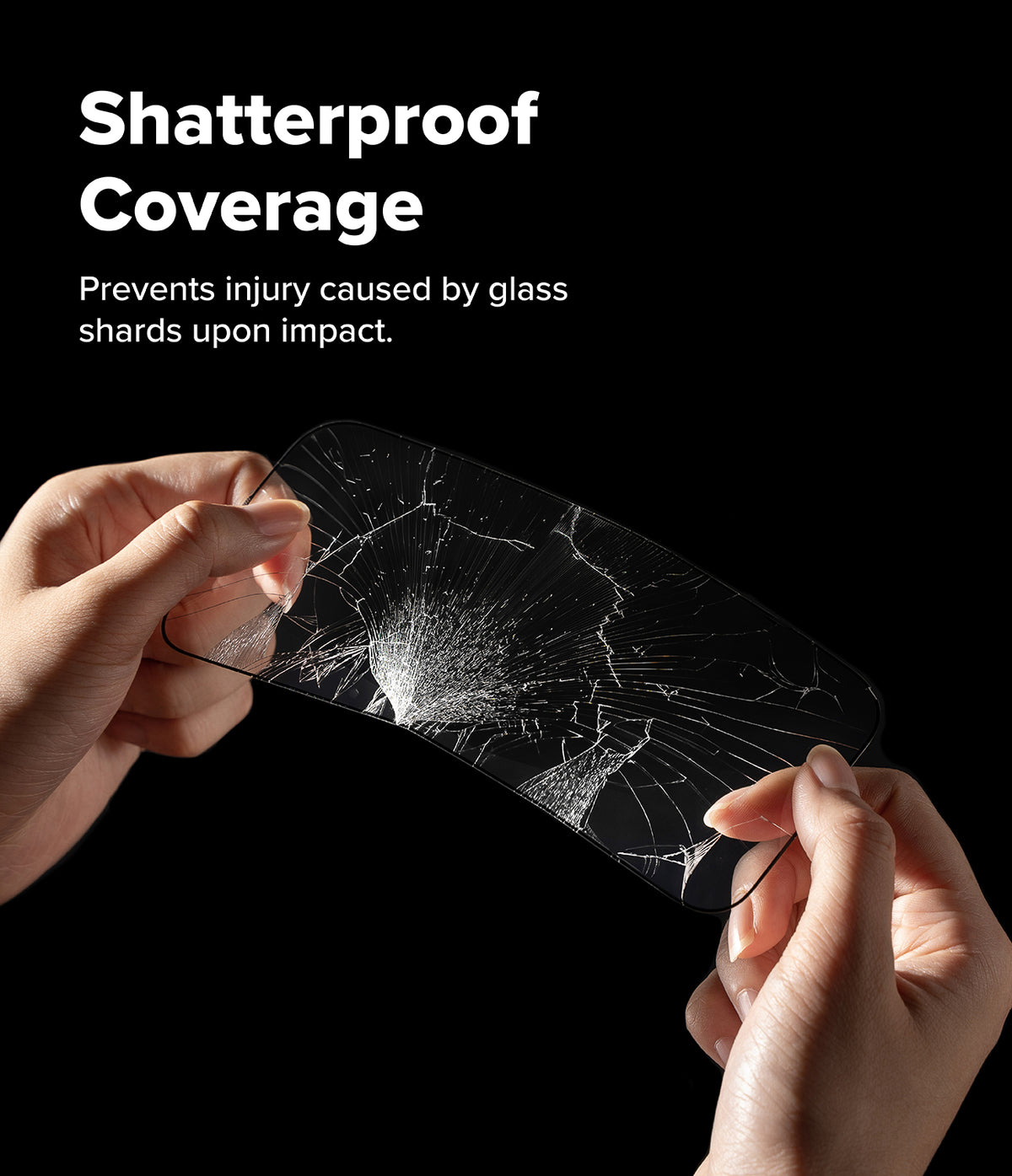 iPhone 17 Screen Protector | Easy Slide Privacy Tempered Glass - iPhone 17 Screen Protector - Hands holding a cracked tempered glass screen protector against a black background.