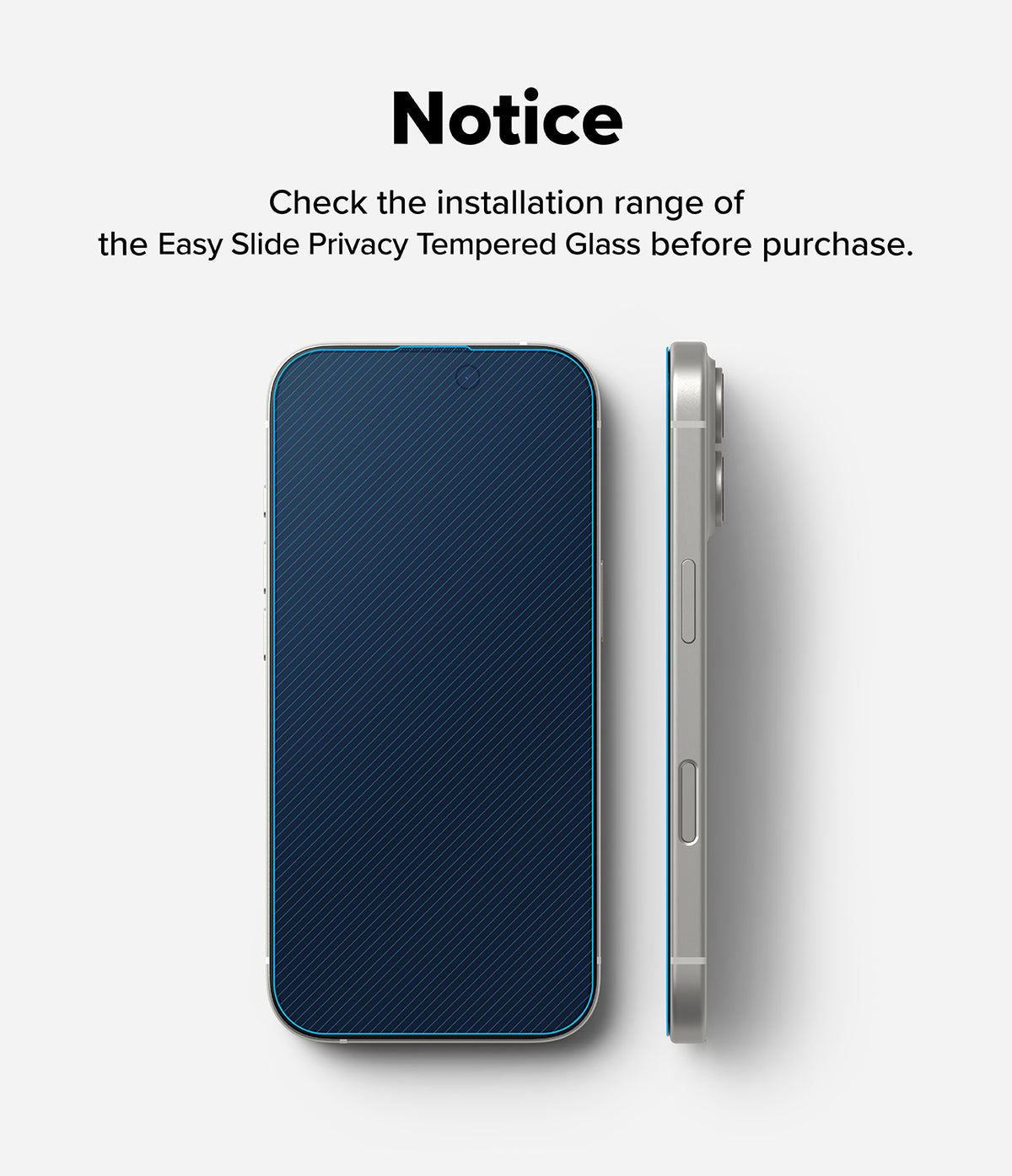 iPhone 17 Screen Protector | Easy Slide Privacy Tempered Glass - iPhone 17 Screen Protector - Front and side views of an iPhone showing the installation range of a privacy screen protector.