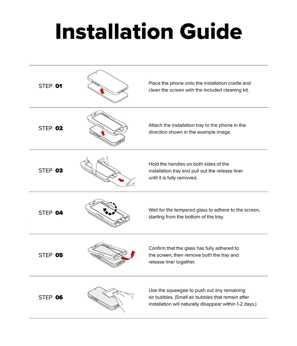 iPhone 17 Screen Protector | Easy Slide Privacy Tempered Glass - iPhone 17 Screen Protector - Six-step illustrated guide showing how to install a tempered glass screen protector using a tray.