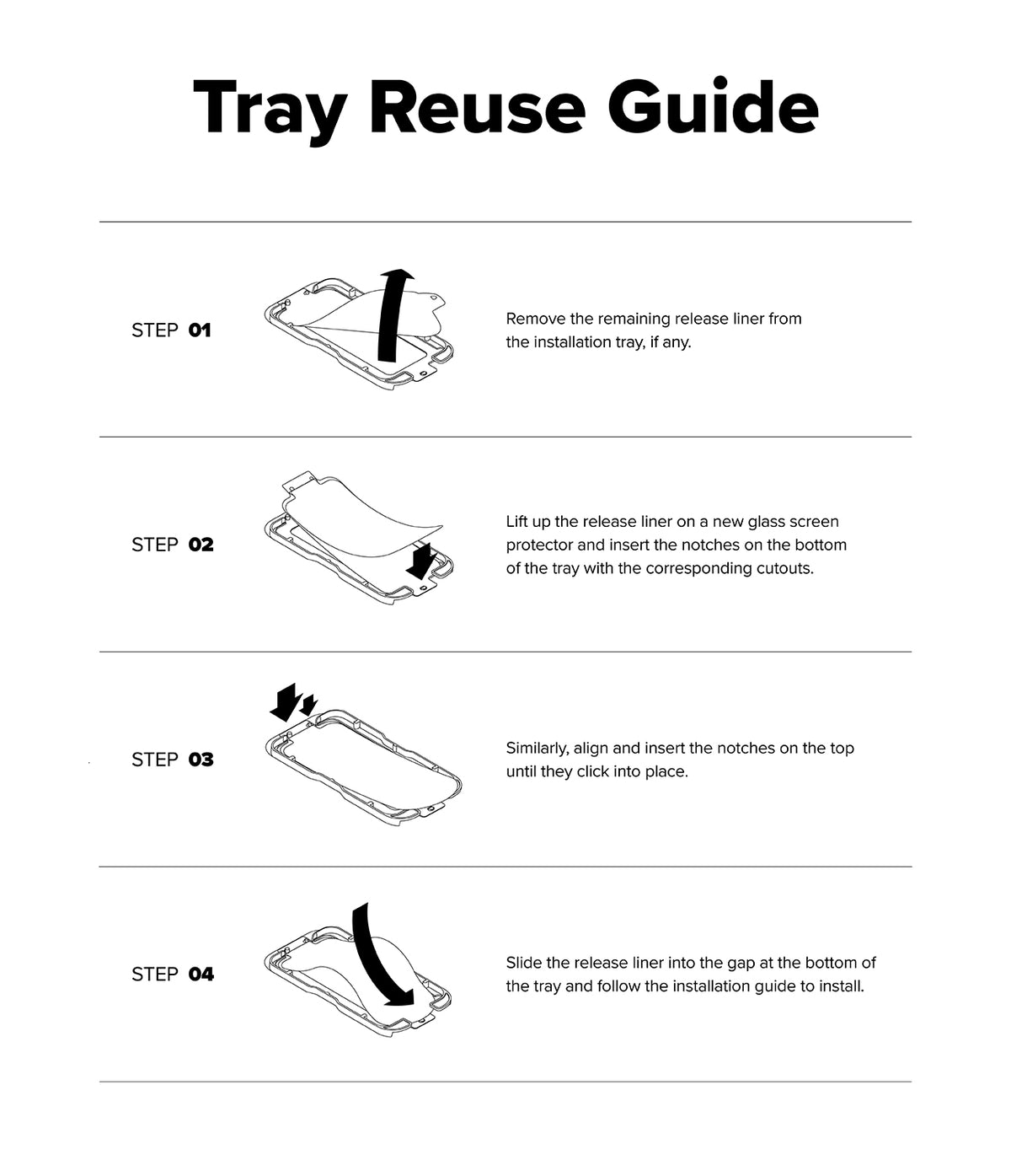 iPhone 17 Screen Protector | Easy Slide Privacy Tempered Glass - iPhone 17 Screen Protector - Four-step instructional guide showing how to reuse the installation tray for a screen protector.