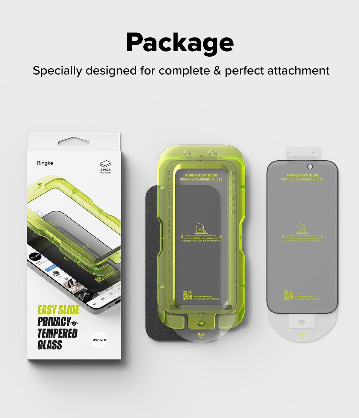 iPhone 17 Screen Protector | Easy Slide Privacy Tempered Glass - iPhone 17 Screen Protector - Packaging box, green installation tray, and privacy tempered glass screen protector.