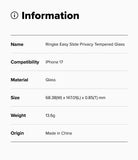 iPhone 17 Screen Protector | Easy Slide Privacy Tempered Glass - iPhone 17 Screen Protector - Information table listing product name, compatibility, material, size, weight, and origin.