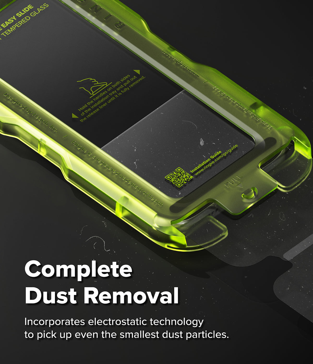 iPhone 17 Screen Protector | Easy Slide Privacy Tempered Glass - iPhone 17 Screen Protector - Neon green installation tray for screen protector with dust removal film and QR code guide.
