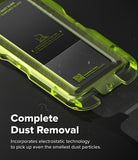 iPhone 17 Screen Protector | Easy Slide Privacy Tempered Glass - iPhone 17 Screen Protector - Neon green installation tray for screen protector with dust removal film and QR code guide.