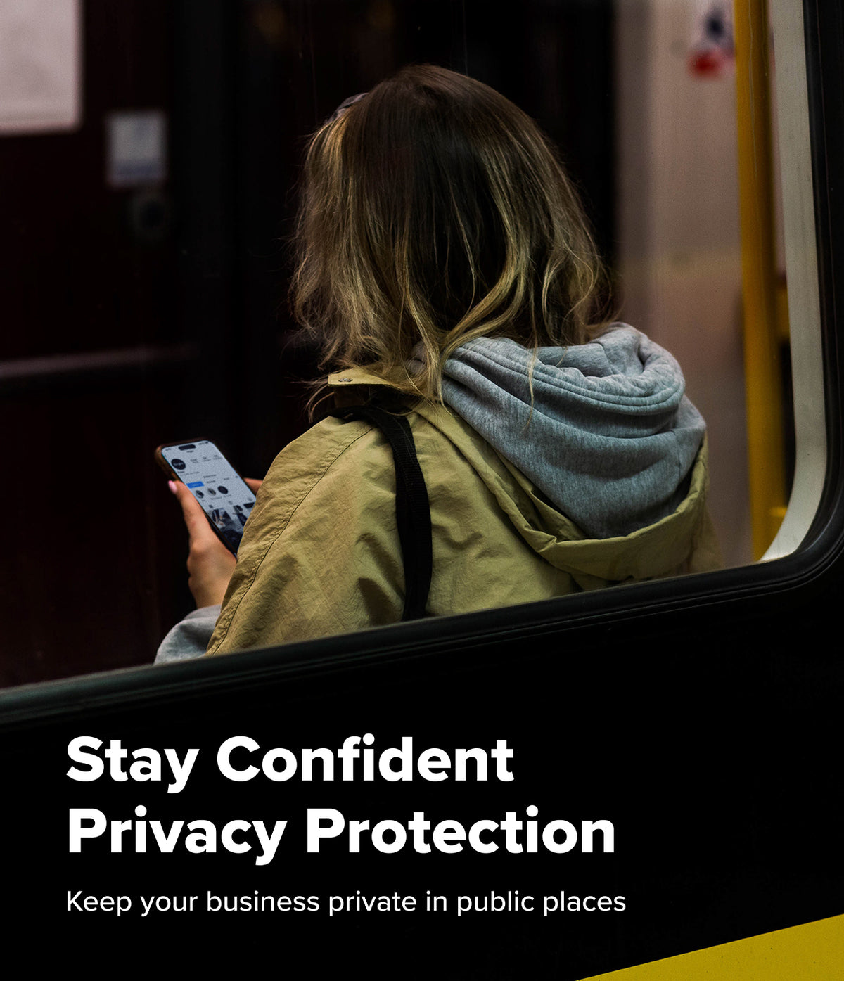 iPhone 17 Screen Protector | Easy Slide Privacy Tempered Glass - iPhone 17 Screen Protector - Woman in a hoodie using a smartphone on a train with a privacy screen filter.