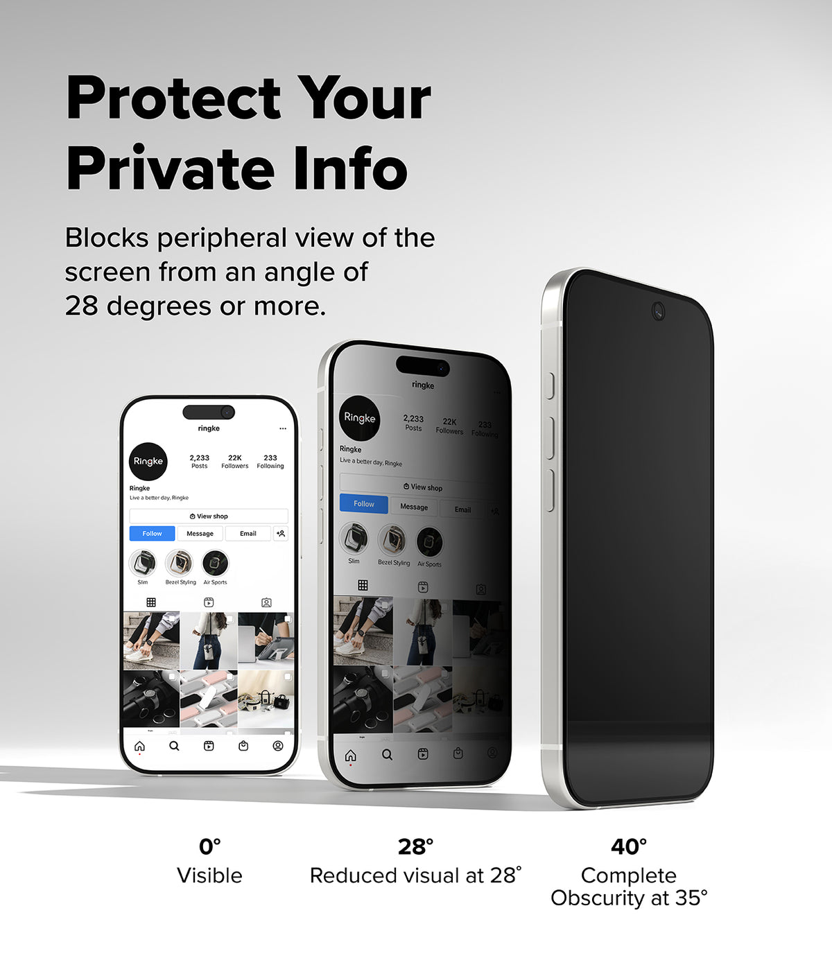 [Bundle] iPhone 17 | Fusion Magnetic - Three iPhones showing screen privacy at 0, 28, and 40-degree viewing angles against a white background.
