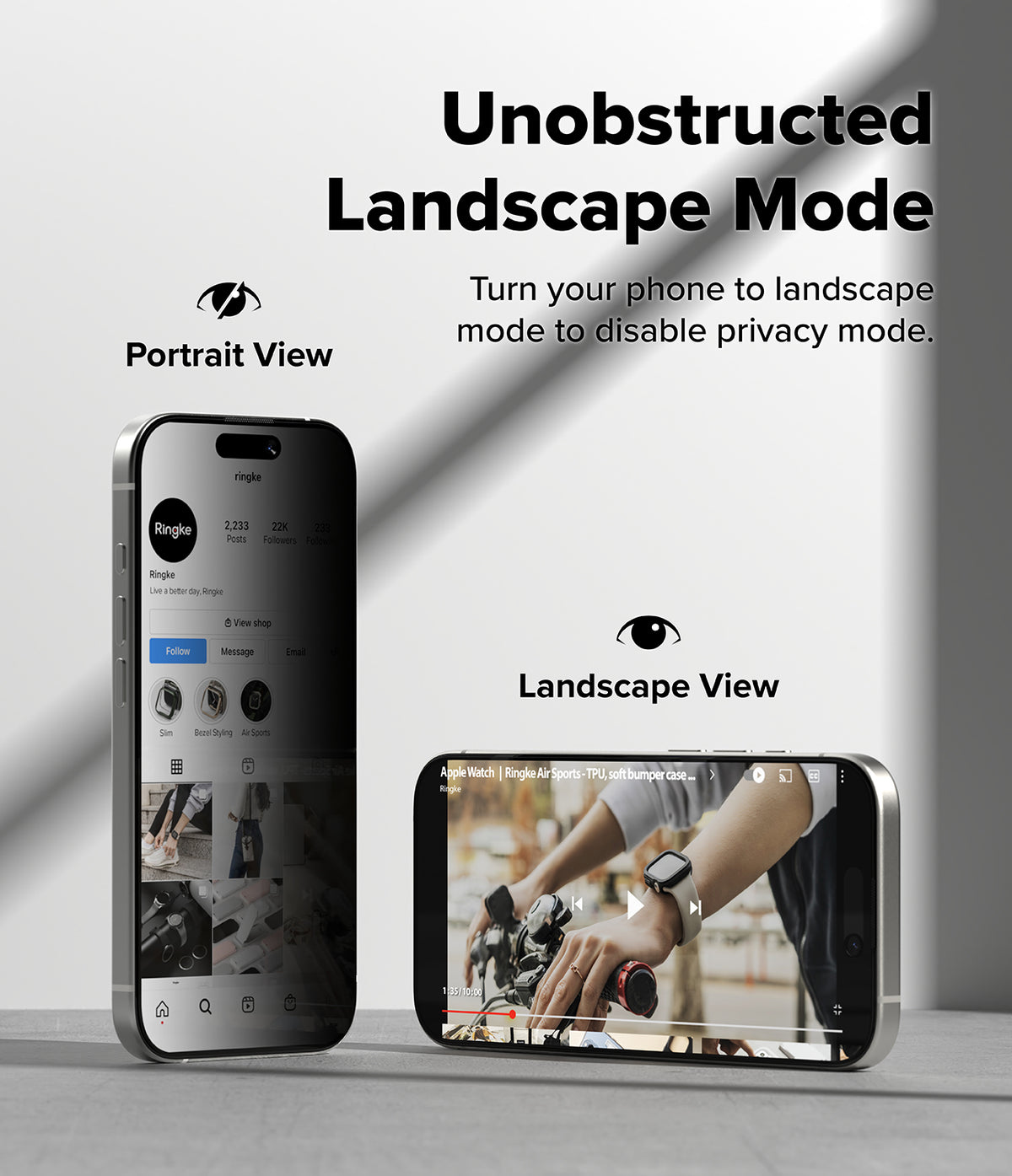 iPhone 17 Screen Protector | Easy Slide Privacy Tempered Glass - iPhone 17 Screen Protector - Two phones showing privacy screen in portrait mode versus clear visibility in landscape mode.