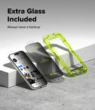 iPhone 17 Screen Protector | Easy Slide Privacy Tempered Glass - iPhone 17 Screen Protector - Smartphone, privacy screen protector, and green plastic installation frame on a gray surface.