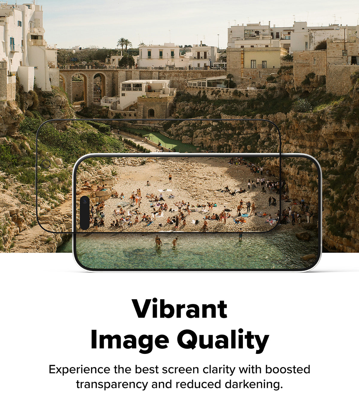 iPhone 17 Screen Protector | Easy Slide Privacy Tempered Glass - iPhone 17 Screen Protector - Two layered smartphone screens showing a clear, vibrant beach scene against a rocky coastal town.