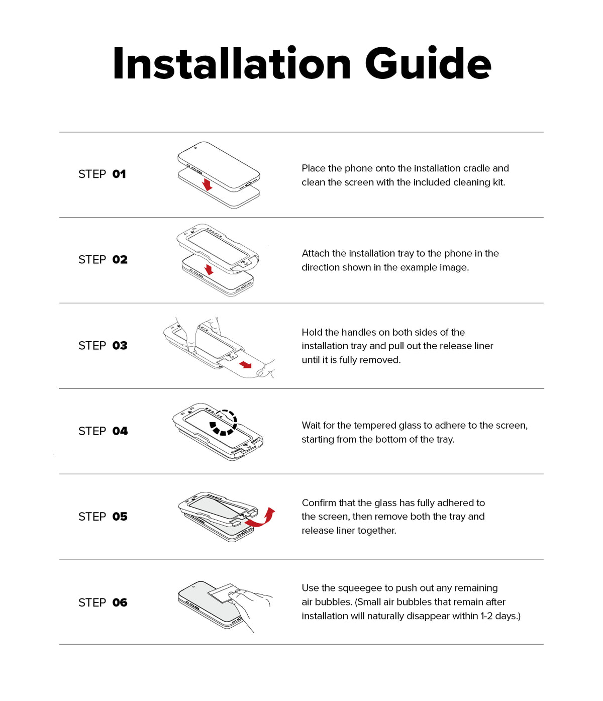 iPhone 17 Screen Protector | Easy Slide Tempered Glass - iPhone 17 Screen Protector - Six-step illustrated guide showing how to install a tempered glass screen protector.