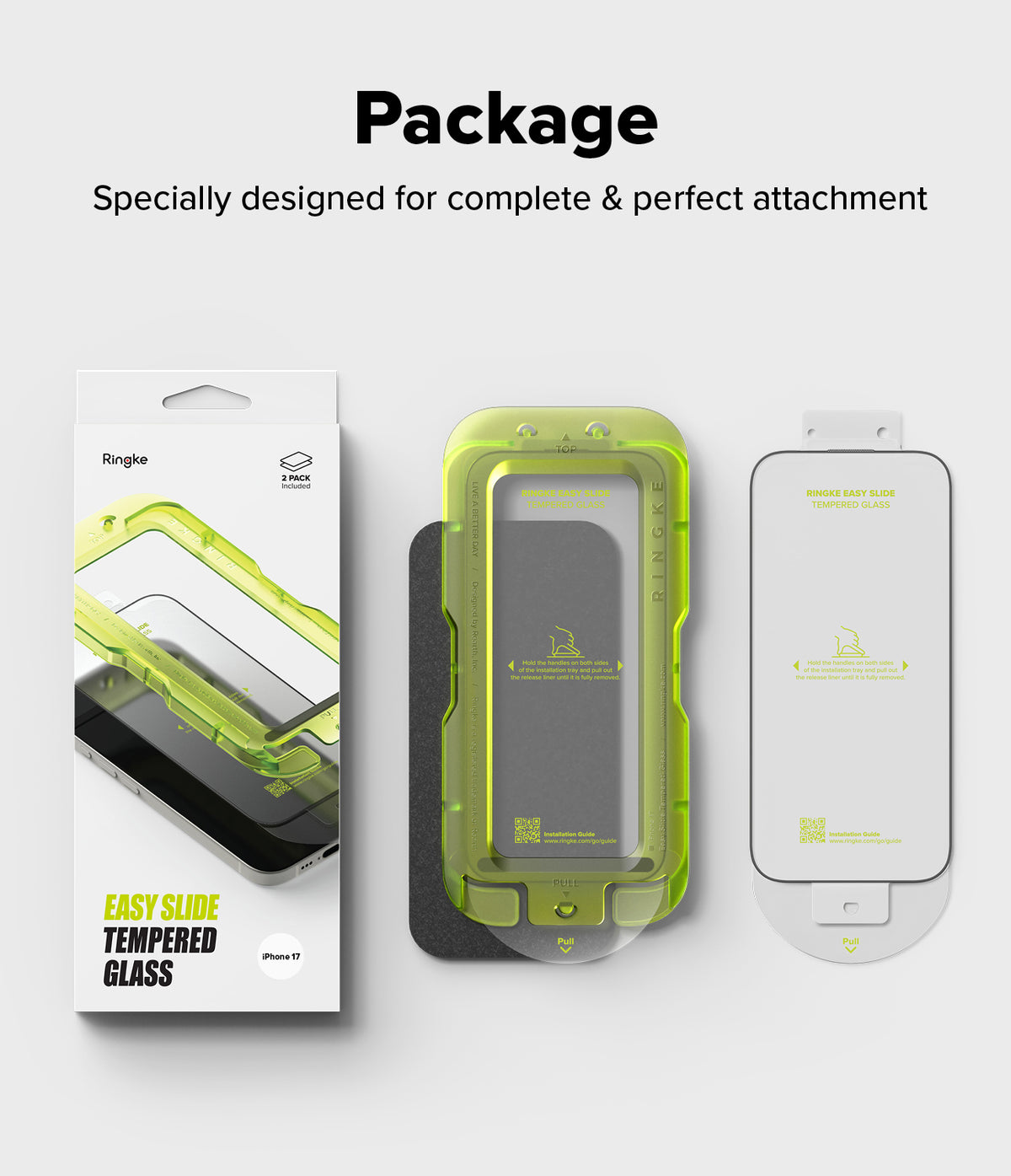 iPhone 17 Screen Protector | Easy Slide Tempered Glass - Packaging, green installation tray, and screen protector.
