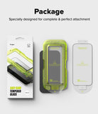 iPhone 17 Screen Protector | Easy Slide Tempered Glass - Packaging, green installation tray, and screen protector.