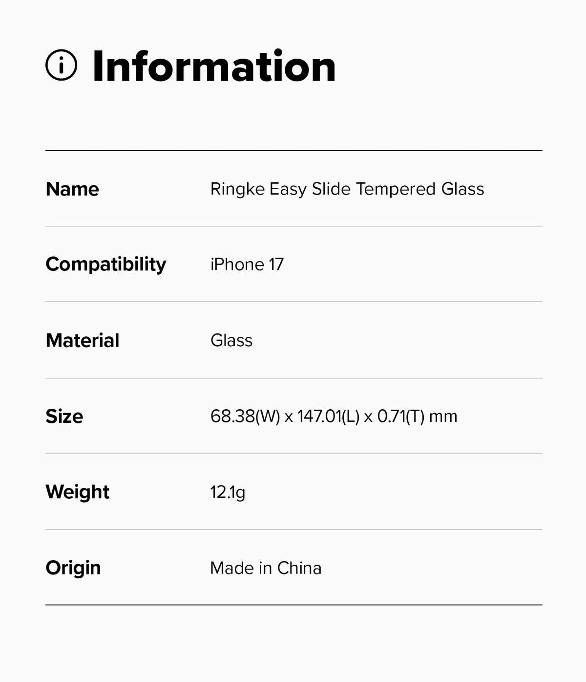 iPhone 17 Screen Protector | Easy Slide Tempered Glass - Information table listing product specs for iPhone 17 glass.