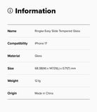 iPhone 17 Screen Protector | Easy Slide Tempered Glass - Information table listing product specs for iPhone 17 glass.