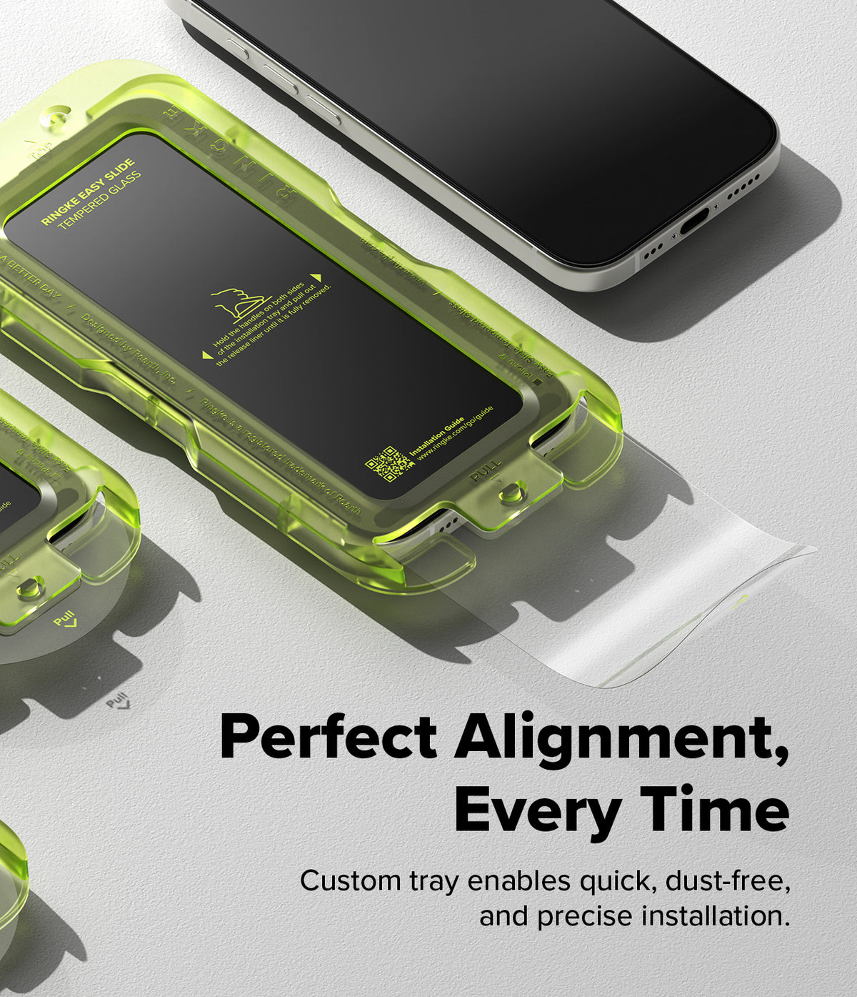 [Bundle] iPhone 17 | Silicone Magnetic - iPhone 17 with a neon green tempered glass installation tray and screen protector.