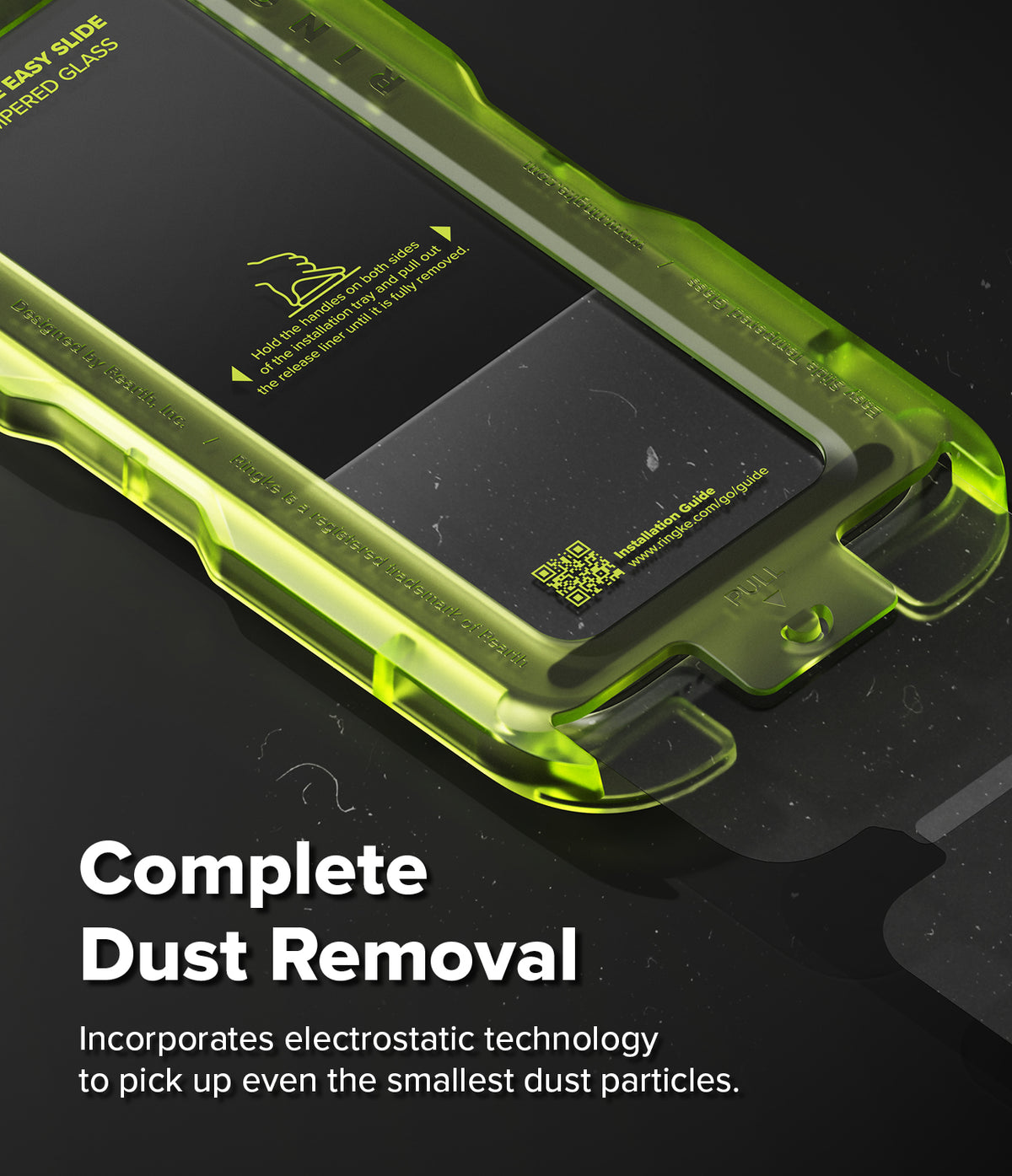 iPhone 17 Screen Protector | Easy Slide Tempered Glass - iPhone 17 Screen Protector - Neon green installation tray for tempered glass with dust-removing electrostatic film.
