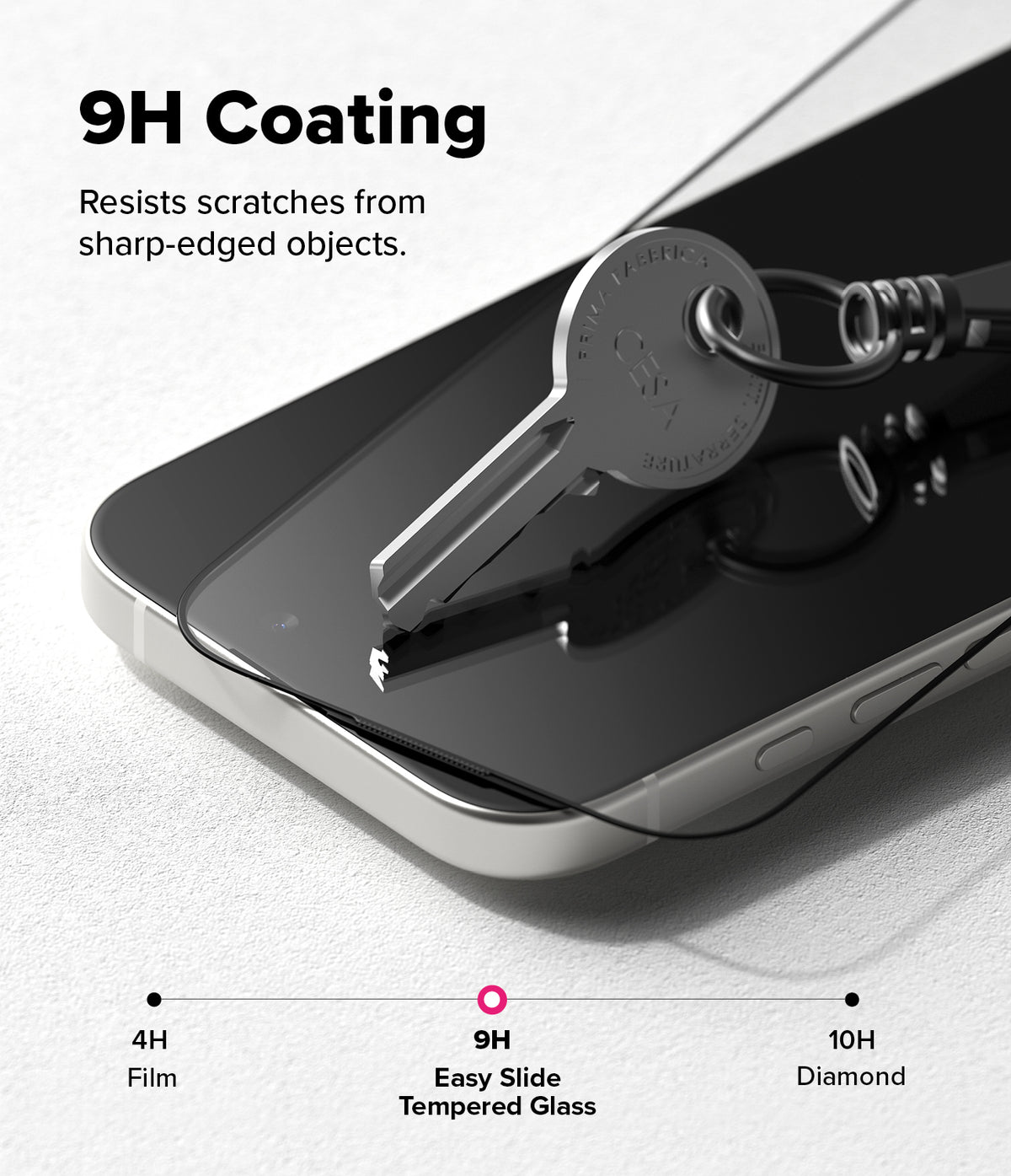 [Bundle] iPhone 17 | Silicone Magnetic - A metal key pressing against a smartphone screen to demonstrate 9H scratch-resistant glass coating.