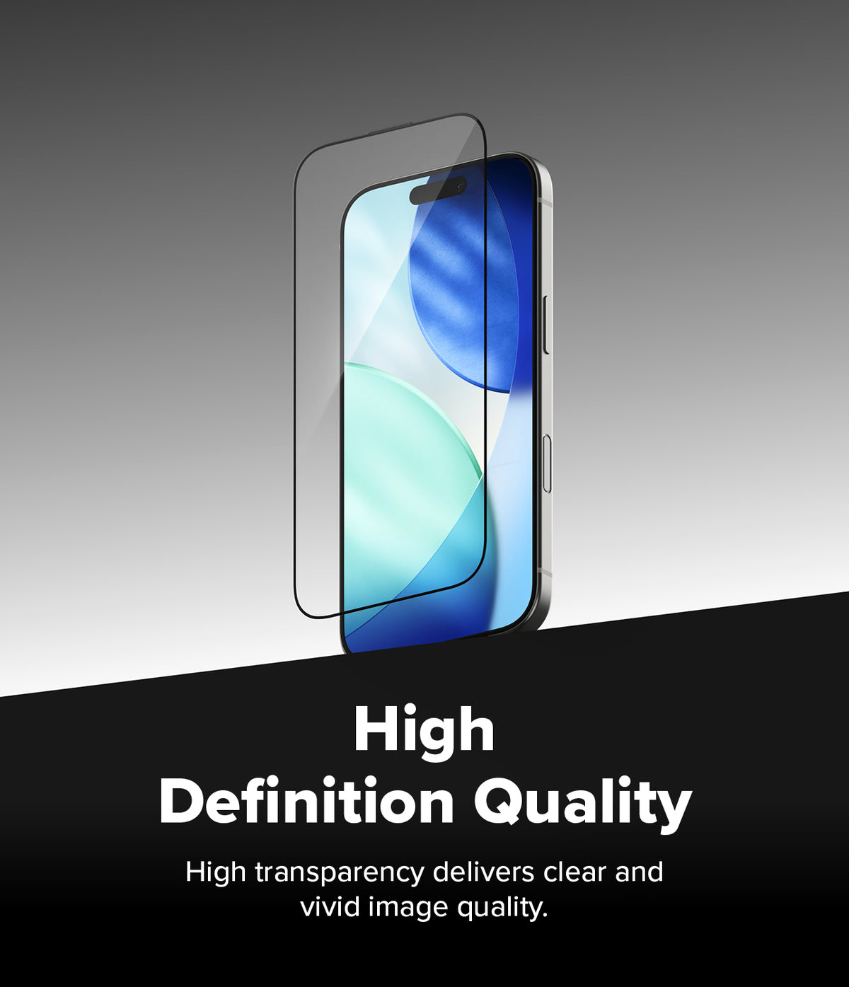iPhone 17 Screen Protector | Easy Slide Tempered Glass - iPhone 17 Screen Protector - Tempered glass protector hovering above an iPhone screen showing a clear, vivid blue display.