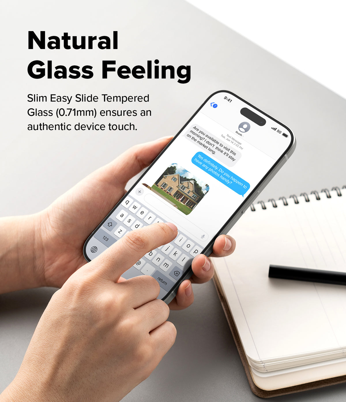 iPhone 17 Screen Protector | Easy Slide Tempered Glass - iPhone 17 Screen Protector - Hands holding a smartphone with a text message interface displayed on the screen.
