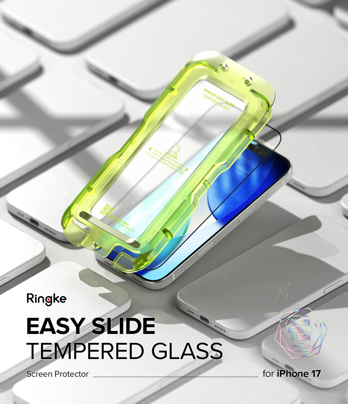 [Bundle] iPhone 17 | Silicone Magnetic - A lime green Easy Slide installation tray hovering over an iPhone 17 screen.