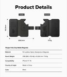 iPhone 16 Cover | Folio Grip Wallet Magnetic - Technical diagram showing dimensions, weight, and features of a black wallet case.