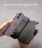 [Combo] iPhone 17 Cover | Folio Grip Wallet Magnetic + Fusion Magnetic - Hand attaching a magnetic phone case to a black folio wallet.