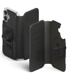 [Combo] iPhone 17 Cover | Folio Grip Wallet Magnetic + Fusion Magnetic - iPhone 17 Cover - Black folio wallet case with card slots, magnetic closure, and a clear phone case with a finger strap.