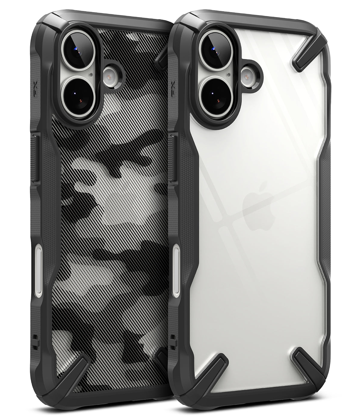 iPhone 17 Case | Fusion-X - Two rugged iPhone 17 cases, one with a black camo pattern and one clear, featuring reinforced black bumpers.