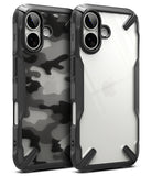 iPhone 17 Case | Fusion-X - Two rugged iPhone 17 cases, one with a black camo pattern and one clear, featuring reinforced black bumpers.